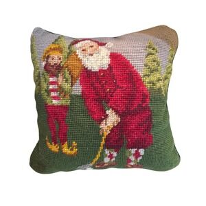 Handmade Needlepoint Christmas Pillow Santa and Elf Golfing Festive Decor